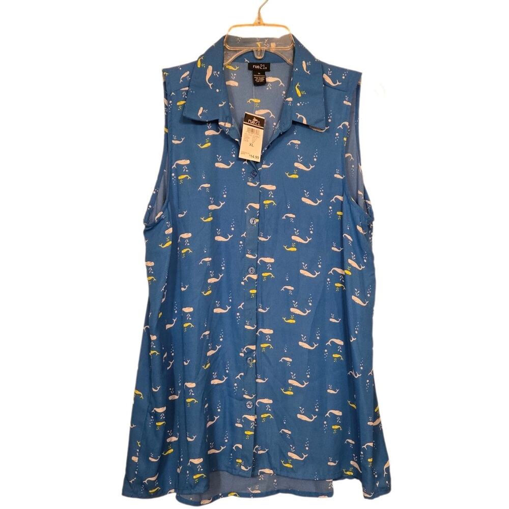 NWT Rue 21 Blue Collared Whale Print Sleeveless Button Up Tank - Women's Size XL - Picture 4 of 11